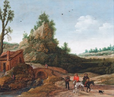 A Landscape with Travellers Crossing a Bridge Before a Small Dwelling, Horsemen in the Foreground by Esaias van de Velde